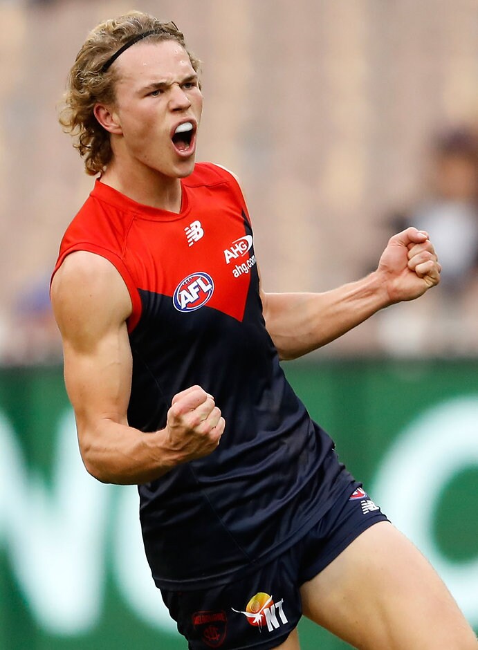 AFL 2016 Rd 15 - Melbourne v Adelaide MELBOURNE, AUSTRALIA - JULY 03: Jayden Hunt of the Demons celebrates a goal during the 2016 AFL Round 15 match between the Melbourne Demons and the Adelaide Crows at the Melbourne Cricket Ground on July 3, 2016 in Melbourne, Australia. (Photo by Adam Trafford/AFL Media)